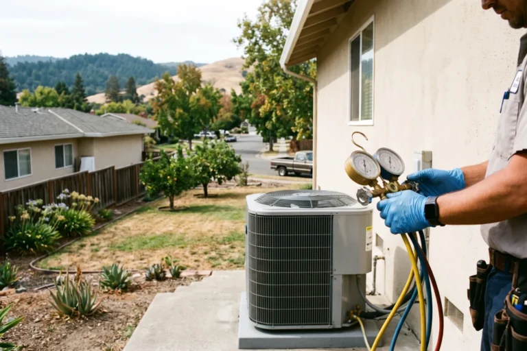 Technician checking refrigerant pressure on an outdoor AC unit