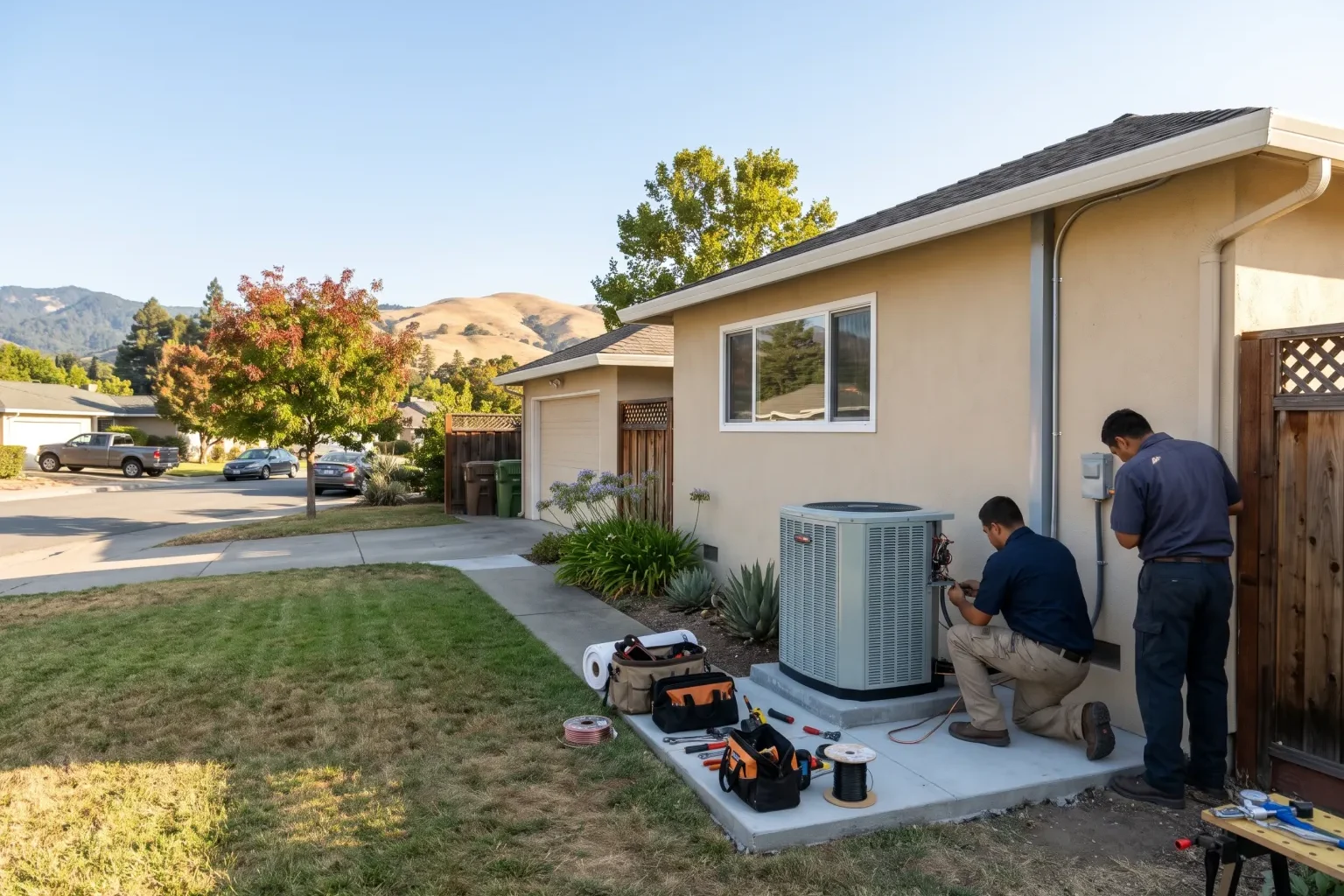 Technicians installing a new outdoor air conditioning unit beside a home